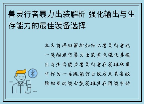 兽灵行者暴力出装解析 强化输出与生存能力的最佳装备选择