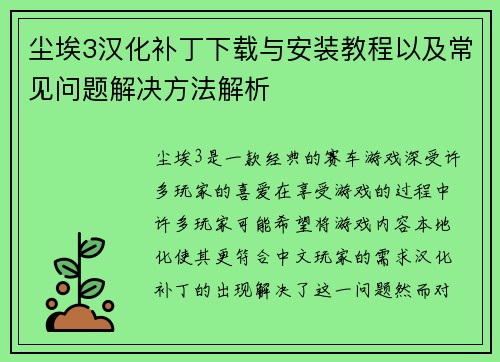 尘埃3汉化补丁下载与安装教程以及常见问题解决方法解析